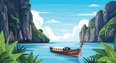 Traditional wooden boat floating on calm turquoise water in a tropical bay surrounded by high limestone cliffs and lush greenery.