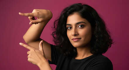Fototapeta premium Young beautiful indian woman pointing finger on empty space