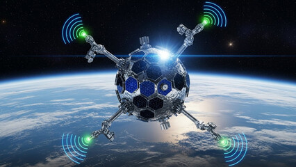 Futuristic Space Drone with Antennas Transmitting Signals Above Earth.