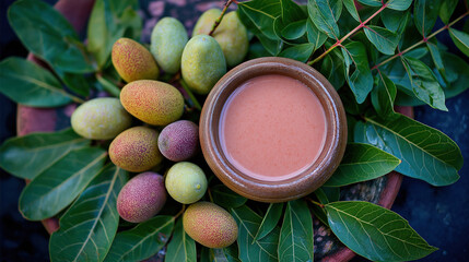 Photo realistic style top view of fresh tropical plum juice in wooden bowl surrounded by ripe fruits and green leaves natural food composition