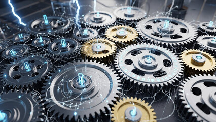 Intricate Network of Interlocking Gears and Electrical Sparks.