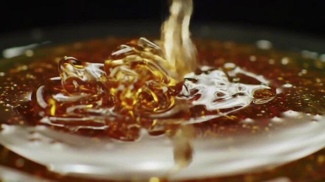 Golden honey pouring, creating a viscous and sweet texture, perfect for culinary use.