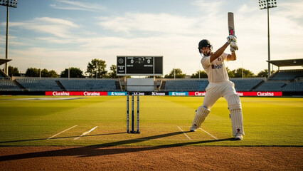Cricket batsman in action during a match at a stadium.
