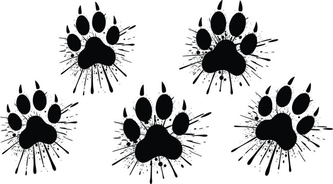 Black animal paw print silhouette set with ink splatter effects, dog and cat track vector illustration