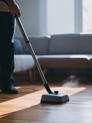 Person cleaning hardwood floor with steam mop, generating steam for a hygienic and efficient domestic chore, maintaining a clean home environment