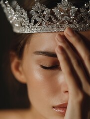 Woman in a sparkling diamond crown, eyes closed and hand on her forehead, conveying the burden, solitude and reflective sorrow of power, royalty and leadership