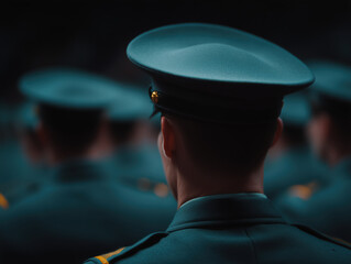 Military personnel standing with shoulders turned away from the camera, wearing a formal uniform and a peaked hat with a golden emblem, symbolizing respect and order
