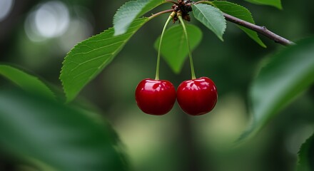 Close up of two ripe red cherries hanging from a branch with green leaves