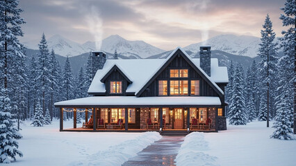 Cozy Log Cabin Lodge Surrounded by Snow-Covered Pine Trees and Mountains.