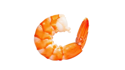 Cooked shrimp isolated PNG on transparent background, delicious seafood appetizer with orange and white stripes for gourmet cuisine
