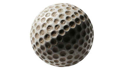 Dirty golf ball PNG isolated on transparent background, used sports equipment with dimples for golfing and recreational activities