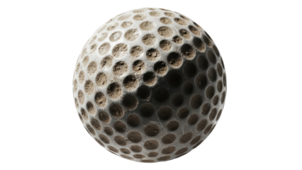 Dirty golf ball PNG isolated on transparent background, used sports equipment with dimples for golfing and recreational activities