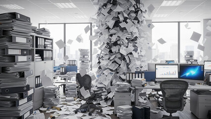 Chaotic Office Overwhelmed with Paperwork and Documents.