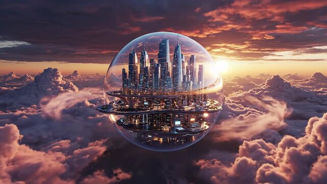 Futuristic city inside bubble floating among clouds against colorful sky
