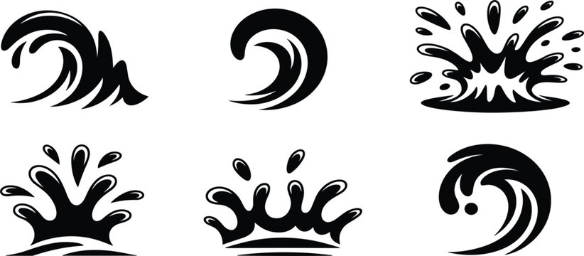 Black ocean water wave and splash silhouette set, sea surf spray vector flat illustration icon collection