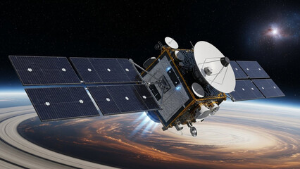 Advanced Satellite Orbiting Earth With Solar Panels Extended.