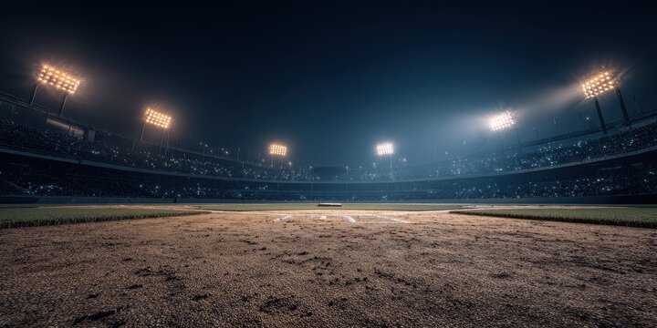 Empty baseball stadium at night with bright floodlights illuminating the field