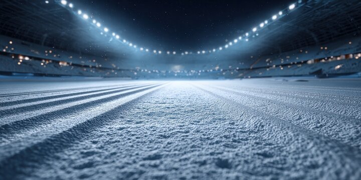 Illuminated Empty Biathlon Arena with Fresh Snow and Soft Lighting