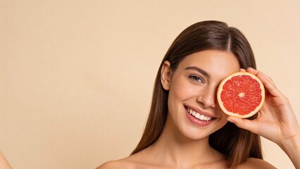 Woman holding grapefruit slice over eye