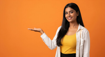 Young beautiful indian woman smiling and gesturing with open hands to present copy space.