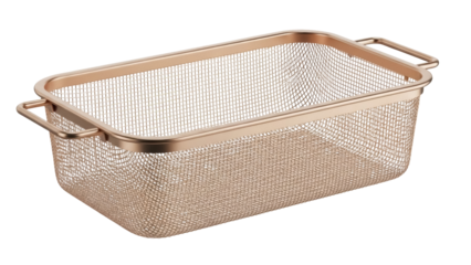 Rose gold metal mesh basket isolated PNG on transparent background, kitchen storage container for organization and cooking needs