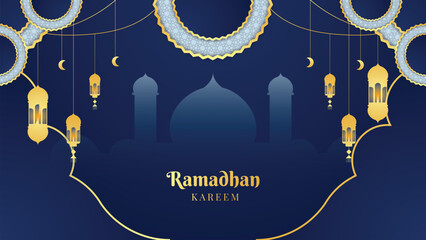 Ramadan Kareem Blue Islamic Background with Decorative Ornament Frame, Mosque, Lantern and Pattern Islamic