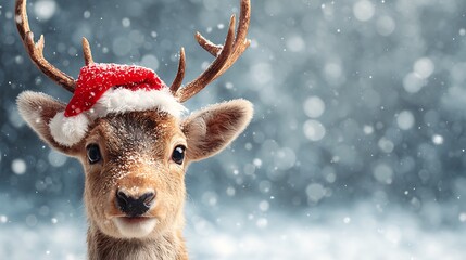 Close-up of a fawn wearing a festive red hat, snowy background, and winter bokeh effect