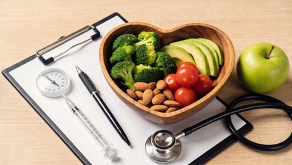 Healthy food in heartshaped bowl with medical tools