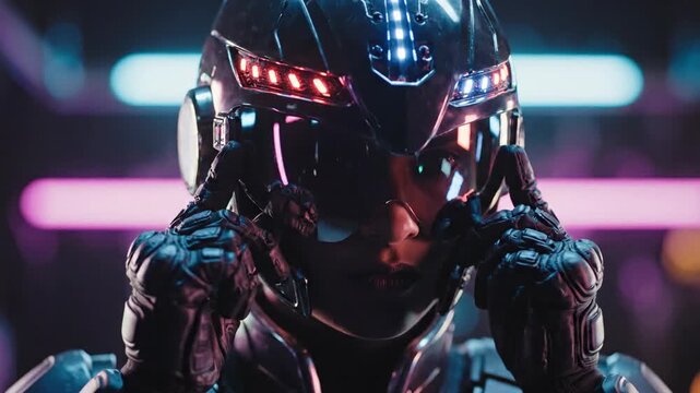 Person wearing futuristic helmet with lights and visor close up