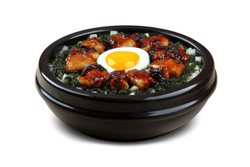 Delicious Korean ramen with boiled eggs, grilled pork, onions, and seaweed in black bowl isolated on white background style korean ramen bowl with glazed pork pieces seaweed rice and soft boiled egg 