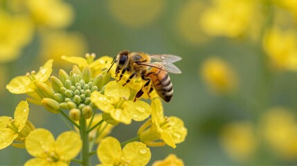 A bee is on yellow flowers, collecting nectar with dewdrops on petals, and a blurred green background