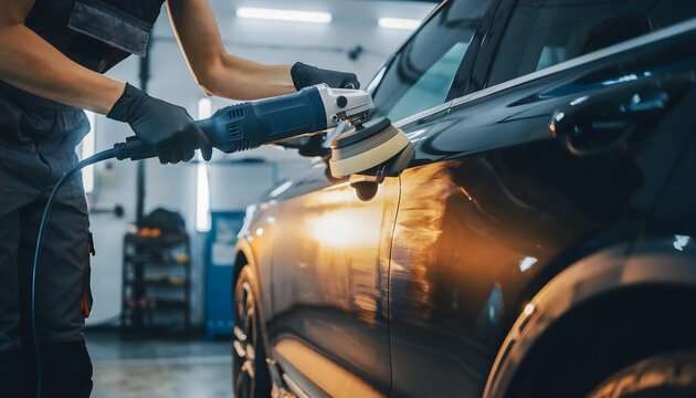 Dedicated auto technician carefully polishes a vehicle's exterior, enhancing its pristine finish and reflective surface