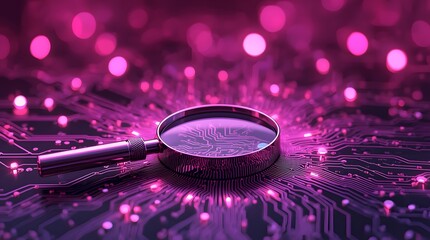 Magnifying glass over circuit board with pink glowing lights and bokeh background