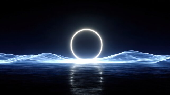 A glowing white circle shines brightly over a dark body of water with blue light waves - Powered by Adobe