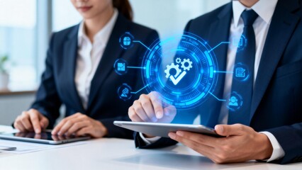 Business professionals using digital technology