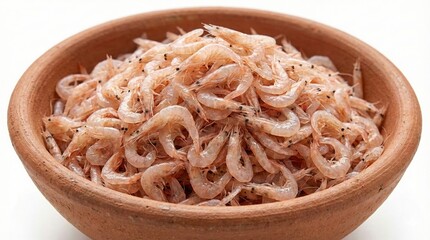 Fresh Tiny Shrimps in a Traditional Clay Bowl - Small Raw Prawns, Fresh Catch Seafood Ingredient for Traditional Cooking and Healthy Recipes, Isolated on White Background.