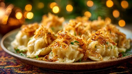 Close-up of a plate with savory dumplings topped with crispy fried onions, festive backdrop