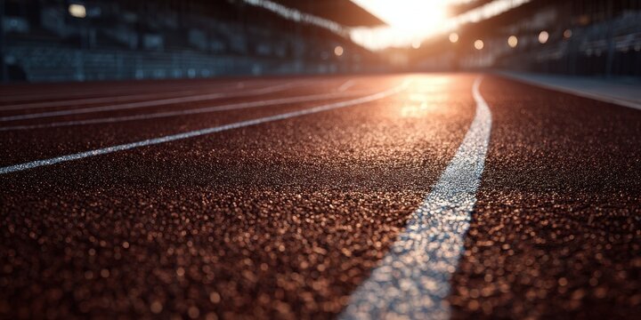 Warmly Lit Red Running Track in Empty Indoor Sports Arena