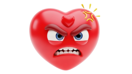 Angry red heart emoji isolated PNG on transparent background, cartoon character with furious expression for social media and design use