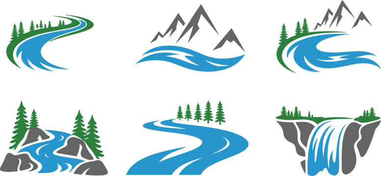 Nature landscape icon set with mountains rivers and pine trees, outdoor adventure vector flat illustration collection
