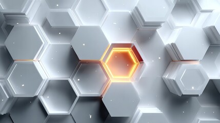A digital illustration of a metallic honeycomb pattern with one glowing orange hexagon surrounded by gray hexagons