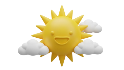 Smiling sun with clouds PNG isolated on transparent background, cheerful weather icon for graphic design and kids projects