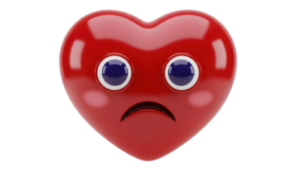Sad red heart emoji isolated PNG on transparent background, 3D rendering of a cartoon character with a disappointed expression for social media