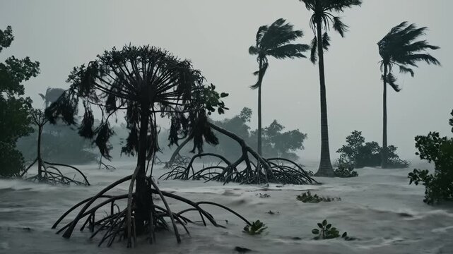 Stormy mangrove forest with flooded waters