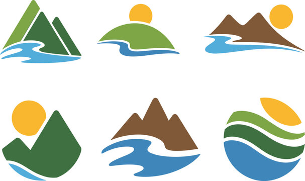 Nature mountain landscape icon set with sun and rivers, outdoor travel adventure vector flat illustration collection