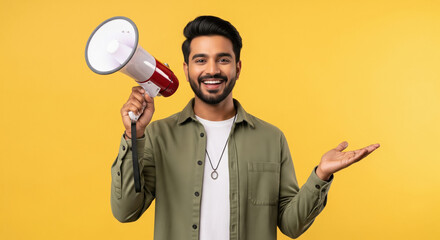 Fototapeta premium Young indian man using megaphone for announcement