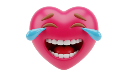 Heart laughing emoji PNG isolated on transparent background, 3D rendering of a funny cartoon face with tears of joy, social media expression