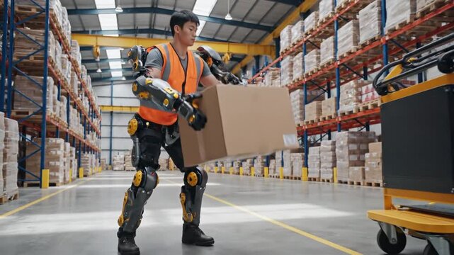 Worker uses exoskeleton suit to lift box in warehouse