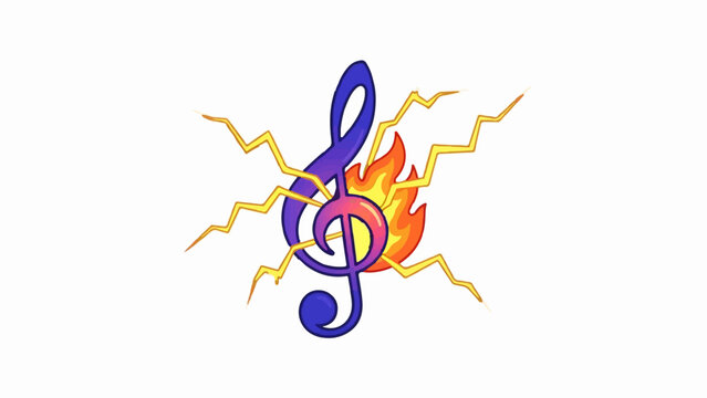 A vibrant treble clef engulfed in flames and surrounded by lightning bolts