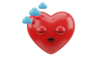 Red heart emoji with closed eyes and clouds isolated PNG, sleepy love symbol on transparent background, dreaming face expression